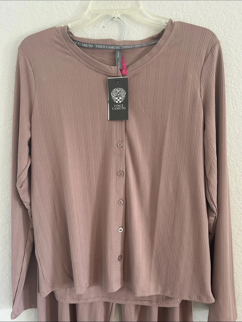 Vince Camuto Mauve Ribbed Button-Front Pajama Set